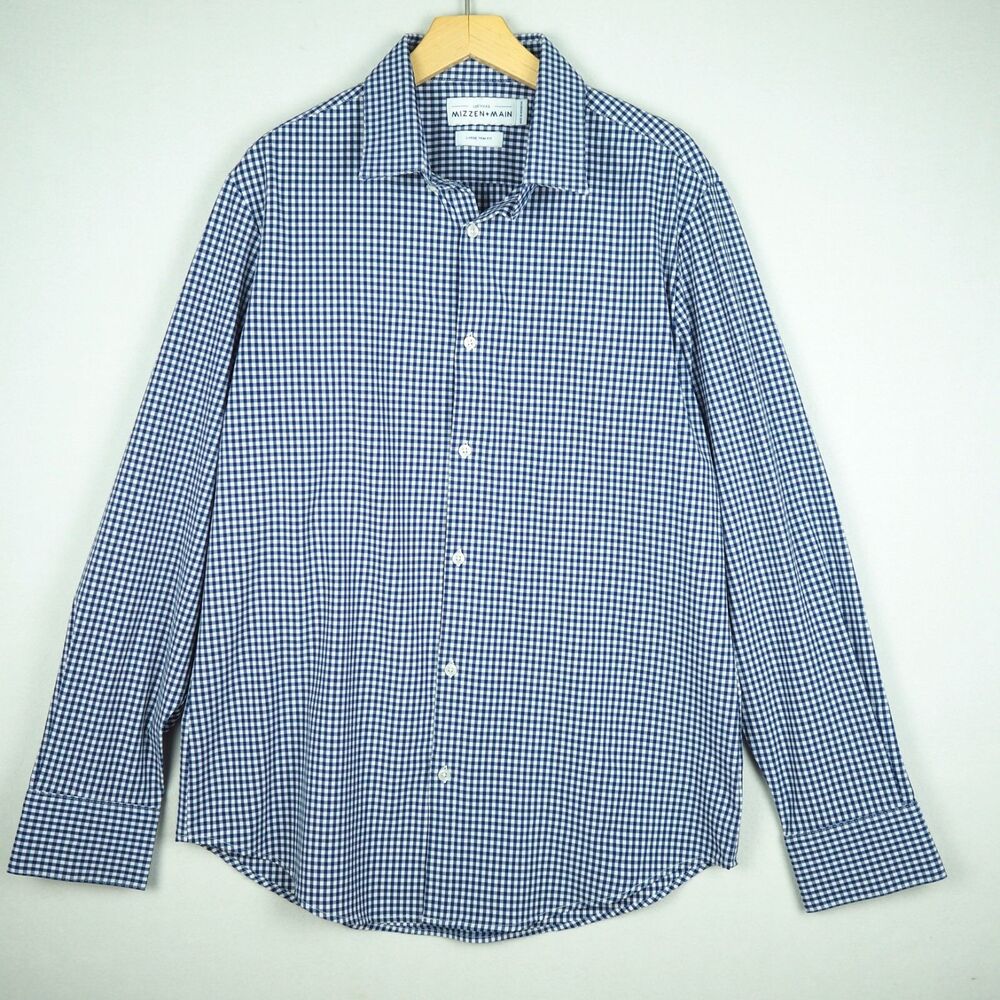 Mizzen + Main Leeward Shirt Men Large Blue Gingham Plaid Long Sleeve Performance